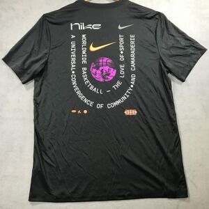 Nike Dri Fit Worldwide Basketball Shirt Men's L Black Short Sleeve Graphic T NEW